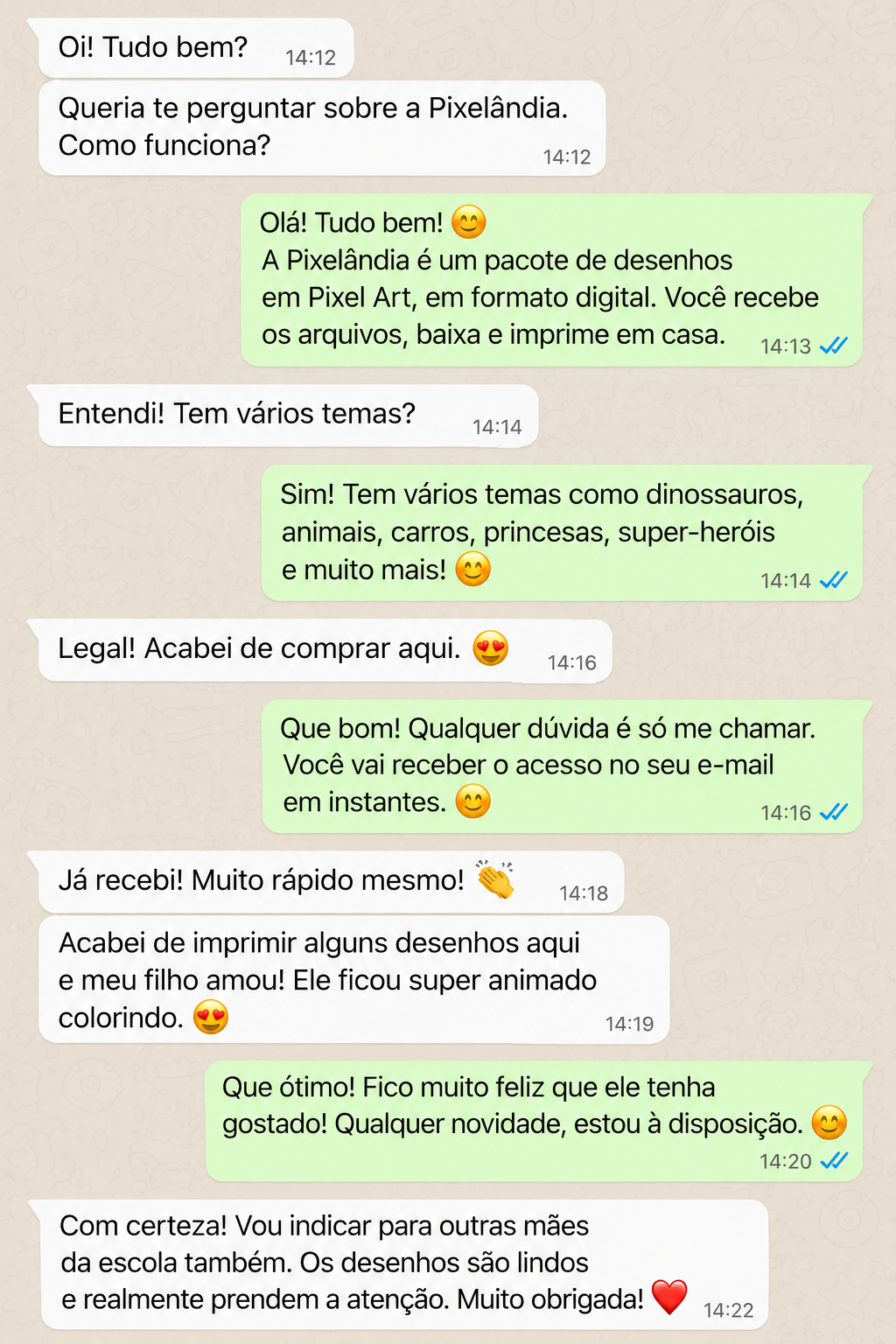 Conversa no WhatsApp sobre a entrega e os desenhos